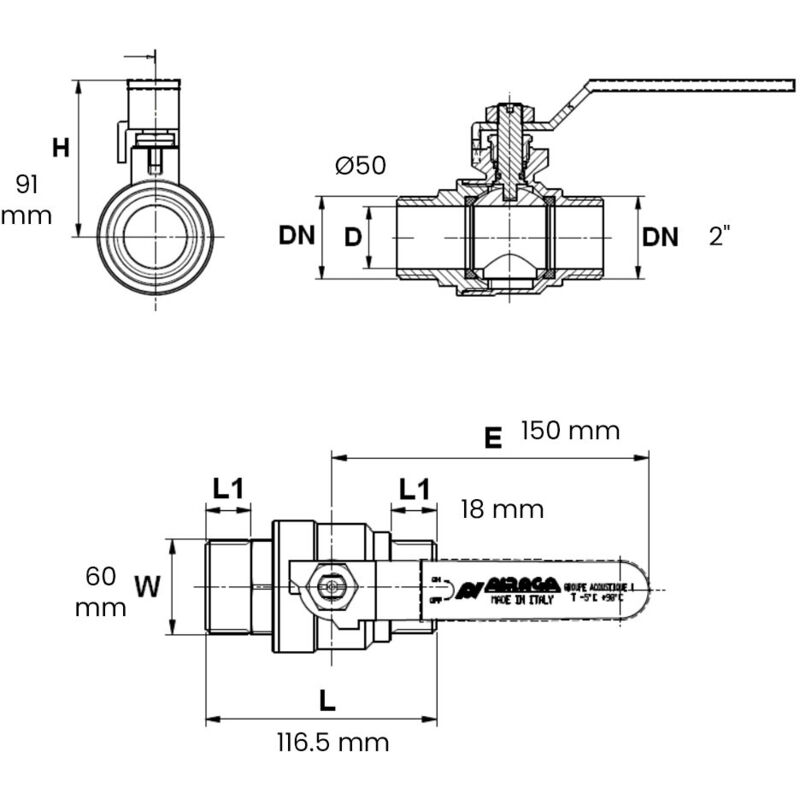 Vanne à sphère Passage intégral PN16 nf acs Poignée Plate Verte m/m 2' (50/60) Sferaco