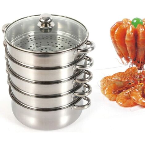 Vaporera de 5 capas de acero inoxidable pulido con tapa transparente, olla de 30 cm para cocinar al vapor al mismo tiempo sopa, pasta, pescado