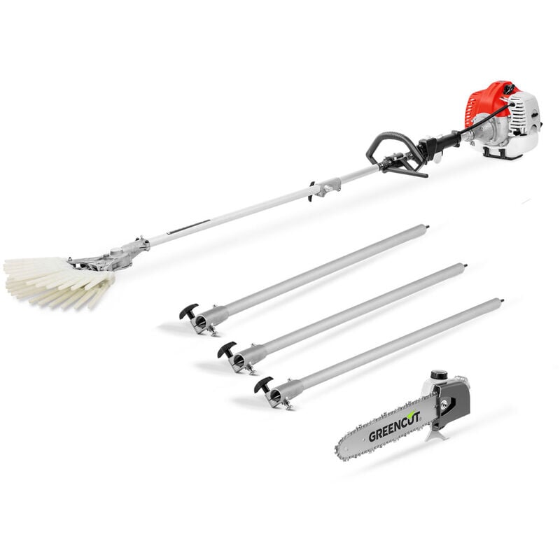 

Vareador de peine multifunción + podadora de gasolina 65cc, 4.9cv, vareador 26mm y 9 estrías, espada podadora 12'', hasta 5m de longitud – Greencut