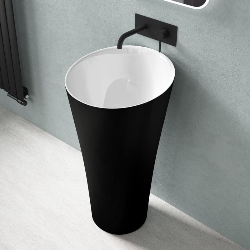 Lavabo Colonne sur Pied Rond Noir + Blanc Vasque Fonte Minérale Solid Surface Lave Mains pour Salle de Bain 51x51x90cm Colossum33 - Doporro