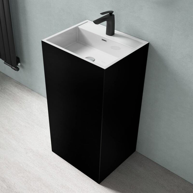 Lavabo Colonne sur Pied Rectangulaire Noir + Blanc Vasque Fonte Minérale Solid Surface Lave Mains pour Salle de Bain 50x42x90cm Colossum34 - Doporro