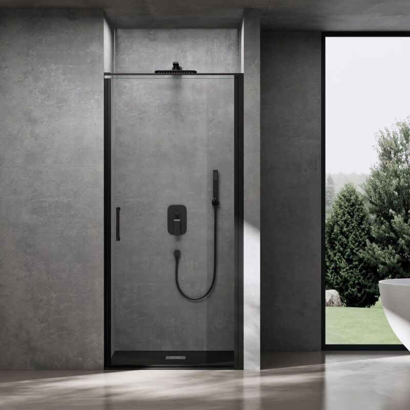 doporro Porte de Douche Pivotante Transparente 100x195cm Montage Réversible Paroi de Douche Noir pour Niche Verre de 8mm avec Revêtement Anti-calaire