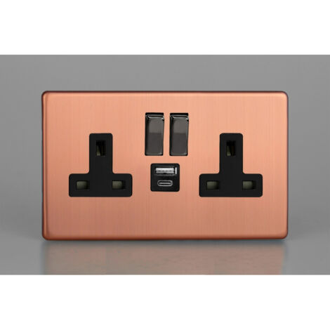 Varilight 2-Gang 13A Switched Double Socket with 20W Shared USB-A and USB-C Charging Ports, Brushed Chrome