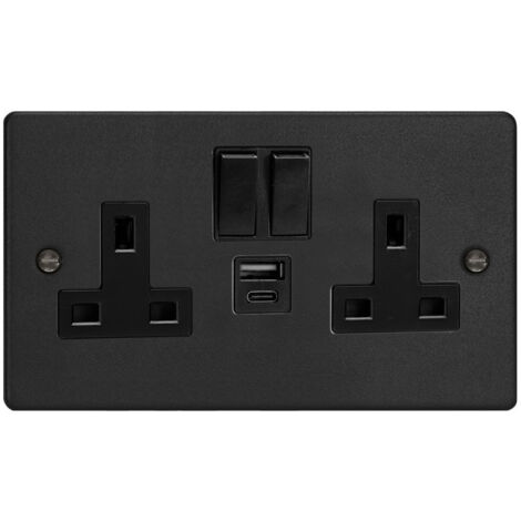 Varilight 2-Gang Metal Switched Double Socket with 20W Shared USB-A & USB-C, Matt Black