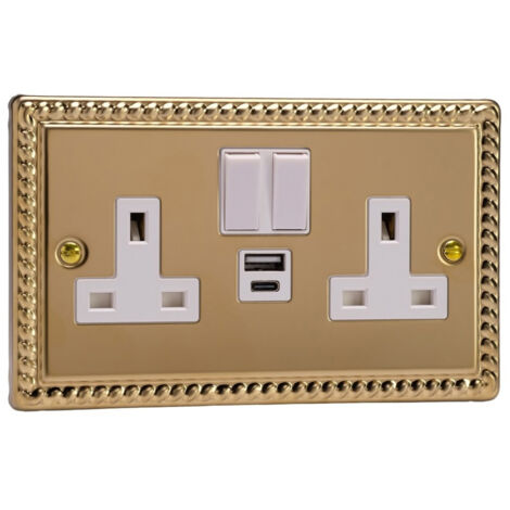 Varilight 2-Gang Switched Double Socket with 20W Shared USB-A and USB-C Charging Ports, White