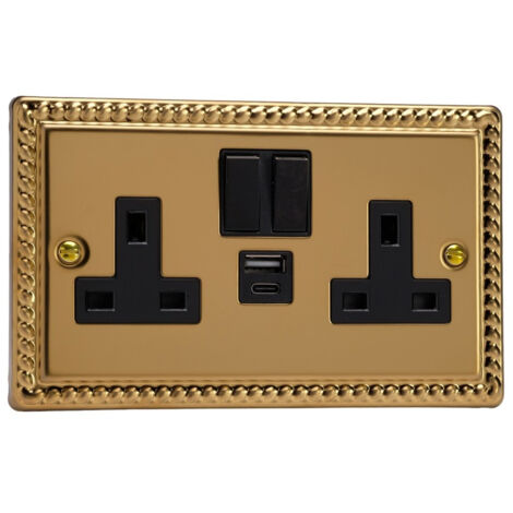 Varilight 2-Gang Switched Socket with 20W Shared USB-A & USB-C Charging Ports, Black