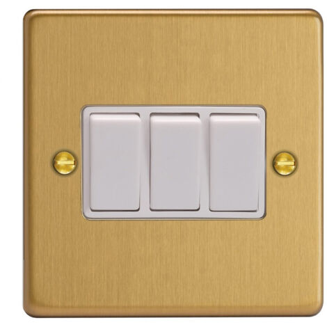 Varilight 3-Gang 10A Rocker Light Switch, Brushed Brass, 1 or 2-Way