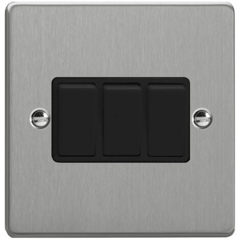 Varilight 3-Gang 10A Rocker Switch - 1 or 2-Way, Brushed Silver
