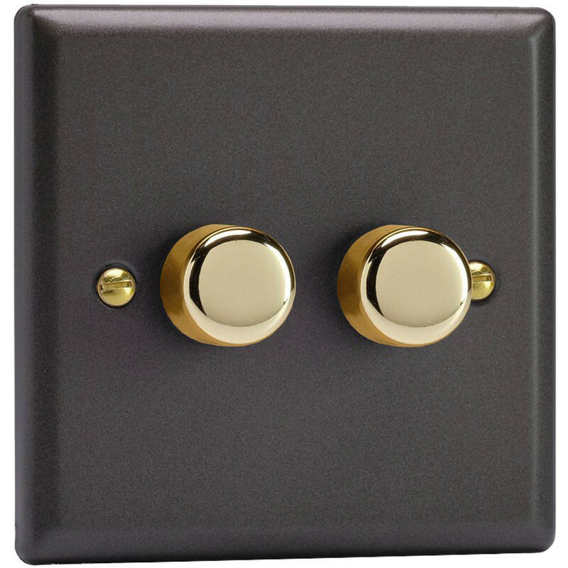 Vogue led V-Pro 2 Gang Rotary Dimmer Switch Slate with Brass Knobs - Varilight