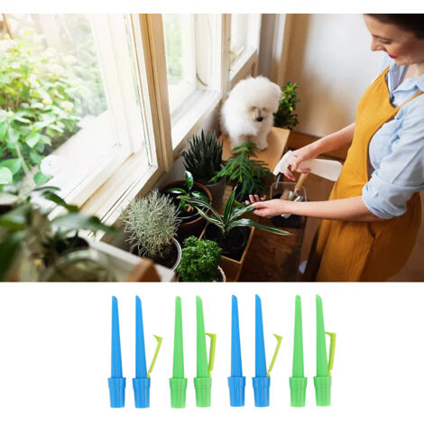 Varillas de riego automáticas para plantas en maceta, 8 unidades, versátiles (para botellas de 2,1 cm), 15,8 cm de largo, fabricadas en plástico azul y verde.