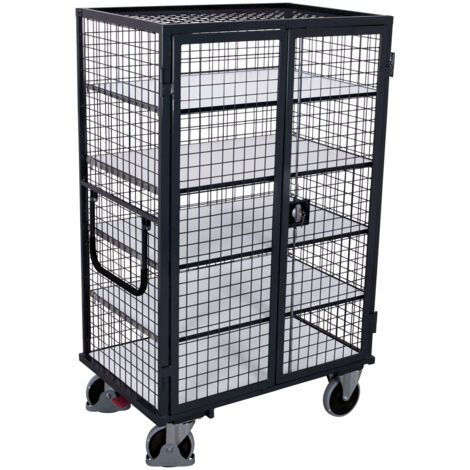 VARIOfit ESD Etagenwagen, vergittert mit Flügeltür, Schiebebügel und 5 Ladeflächen 1245x785mm