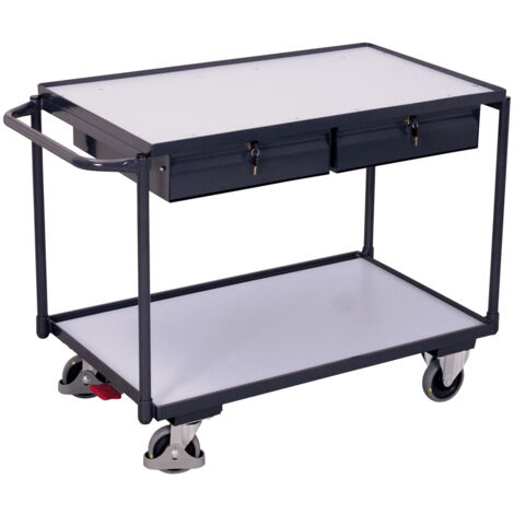 VARIOfit ESD Tischwagen mit 2 Ladeflächen und 2 Schubladen Schiebegriff waagerecht