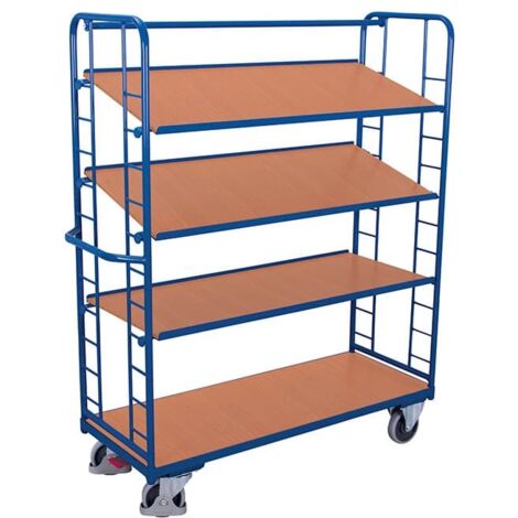 VARIOfit Etagenwagen mit Seiten aus Drahtgitter, Rohrschiebegriff und 3 neigbaren Etagenboden 1355x550mm