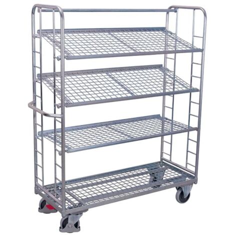 VARIOfit Etagenwagen mit Seiten aus Drahtgitter, Rohrschiebegriff und 3 neigbaren verzinkten Etagenboden 1355x550mm