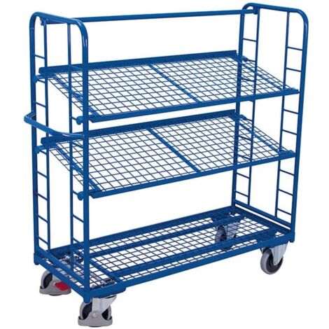 VARIOfit Etagenwagen mit vergitterten Seiten, Rohrschiebegriff und 2 neigbaren Drahtgitterböden 1650x650mm Enzianblau RAL 5016