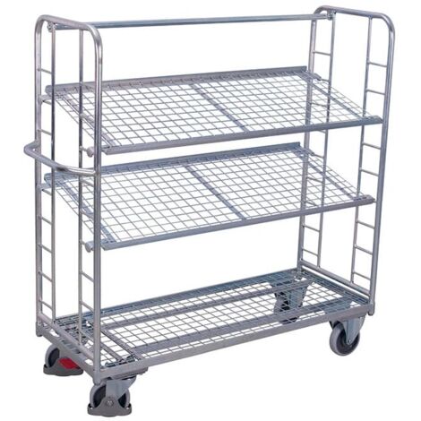 VARIOfit Etagenwagen mit vergitterten Seiten, Rohrschiebegriff und 2 neigbaren verzinkten Drahtgitterböden 1650x650mm