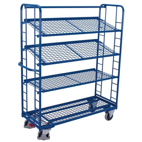 VARIOfit Etagenwagen mit vergitterten Seiten, Rohrschiebegriff und 3 neigbaren Drahtgitterböden 1650x650mm