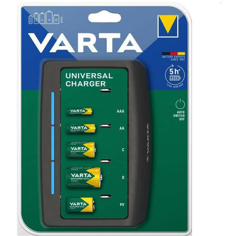 Varta – Chargeur universel pour 2 ou 4 piles AA, AAA, C, D ou 1 pile 9V – Tension 100-240V – Affichage LED – Minuterie de sécurité