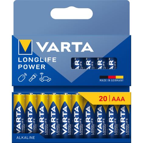 VARTA Longlife Power - AAA Alkaline-Batterien (20 Stück, 1,5 V, ideal für Digitalkamera, Controller, Blutdruckmessgerät de plastikfreie Verpackung)