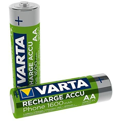 VARTA Pilas AA, recargables, paquete de 2, Recharge Accu Phone, batería recargable, 1600 mAh Ni-MH, listas para usar, aptas para teléfonos inalámbricos