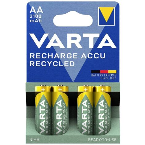 Varta – Pile rechargeable NiMH AA 2100 mAh – Tension 1.2 V – Lot de 4 accus – Prêts à l'emploi avec 11% de matériaux recyclés - X013561