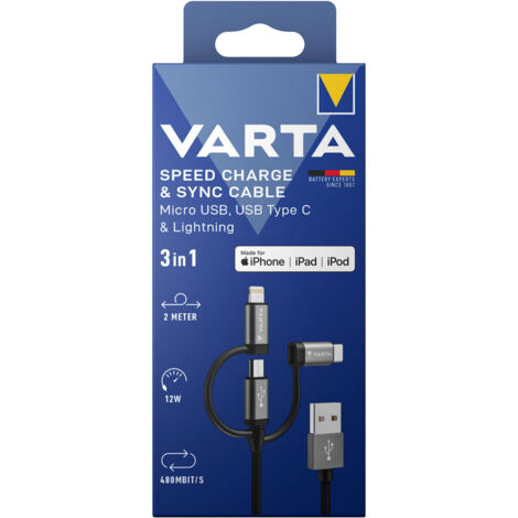 Varta VARTA Speed Premium 3in1 Ladekabel USB A auf Lightning/Micro/Type C 2m schwarz (57937101111)