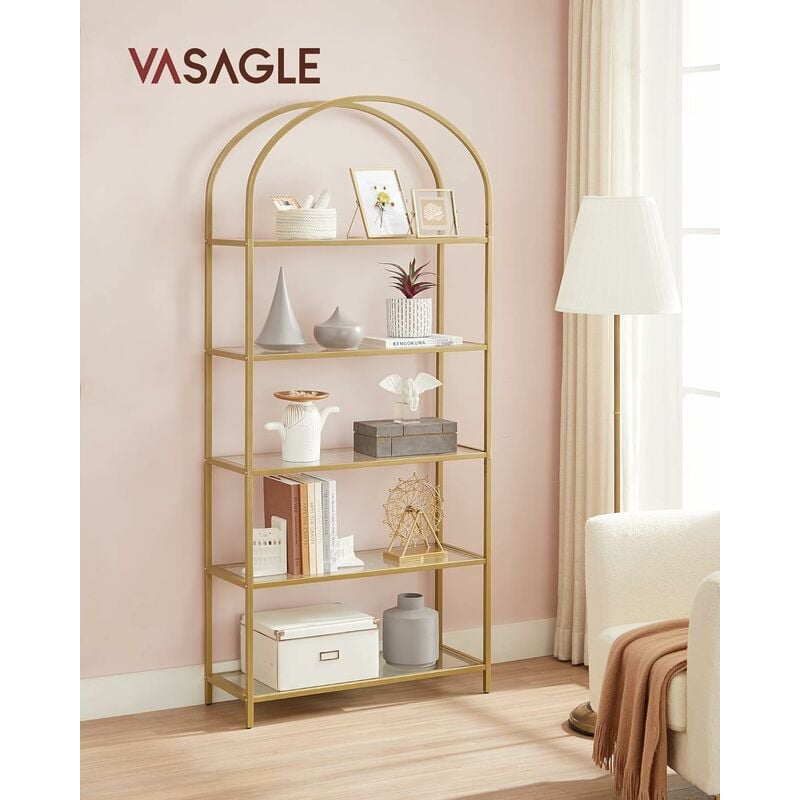 VASAGLE 5-Tier Storage Shelf, Tempered Glass, Bookcase with Arch Design, Robust Steel Structure, for Living Room Bedroom Studio, Gold Colour by