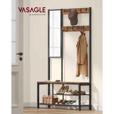 VASAGLE Appendiabiti con Panca Scarpiera, Attaccapanni con Ganci, Specchio, 185 cm Altezza, in Corridoio, Salotto, Soggiorno, Struttura in Metallo, Montaggio Facile, Marrone Vintage e Nero da SONGMICS - Marrone Vintage e Nero