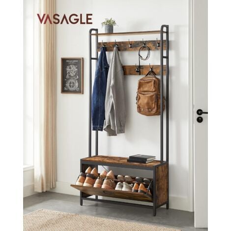 VASAGLE Appendiabiti con Scarpiera a Ribalta, Mobile da Ingresso, con Panca, 9 Ganci e Mensola Superiore, per Corridoio Camera da Letto, Stile Industriale, Marrone Vintage e Nero da SONGMICS