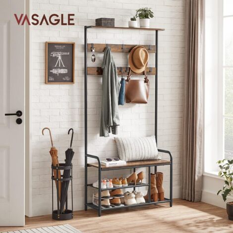 VASAGLE Appendiabiti con Scarpiera, Mobile Ingresso con 9 Ganci Rimovibili, Panca, Mensola, 30 x 85 x 180,5 cm, Corridoio Camera da Letto Appartamento, Moderno, Marrone Vintage e Nero