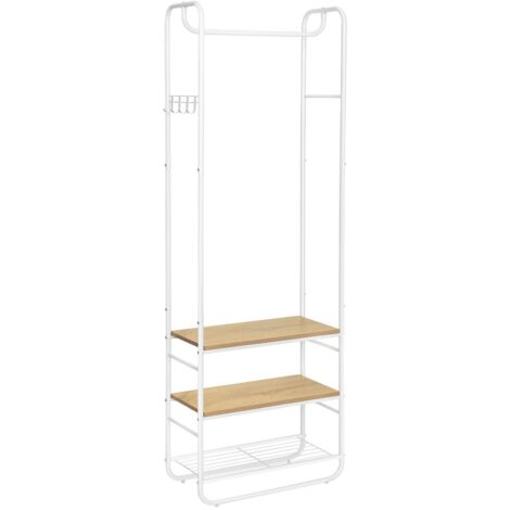 VASAGLE Appendiabiti con Scarpiera per Ingresso, Attaccapanni con Ripiani Portaoggetti, per Soggiorno, Camera da Letto, 58 x 28 x 181 cm, Stile Scandinavo, Bianco Opaco e Rovere Dorato HSR81WN