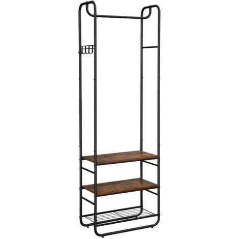 VASAGLE Appendiabiti con Scarpiera per Ingresso, Attaccapanni con Ripiani Portaoggetti, per Soggiorno, Camera da Letto, 58 x 28 x 181 cm, Stile Scandinavo, Nero Opaco e Marrone Vintage HSR81BX