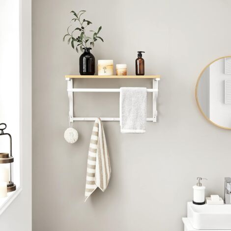 VASAGLE Appendiabiti da parete industriale con ripiano 5 ganci barra di sospensione per corridoio bagno soggiorno colore legno e bianco