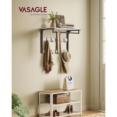 VASAGLE Appendiabiti da Parete, Mensola da Muro con 10 Ganci Rimovibili a 2 File, Barra Attaccapanni, per Ingresso Camera da Letto Bagno, Bianco Vintage e Nero