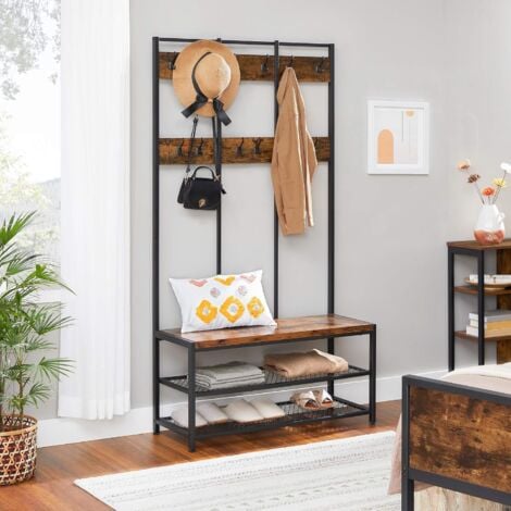 VASAGLE Appendiabiti grande con 12 ganci e panchina per scarpe, stile industriale, guardaroba, scaffale, per ufficio, camera da letto, telaio in acciaio, marrone rustico e nero