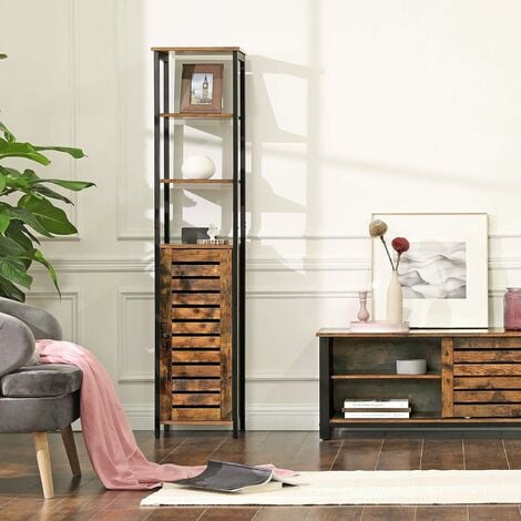 VASAGLE Armadietto Autoportante in Stile Industriale, Scaffale Mobiletto da Bagno, Credenza con 3 Ripiani, Alto e Multifunzionale in Soggiorno, 37 x 30 x 167 cm, Marrone Vintage e Nero