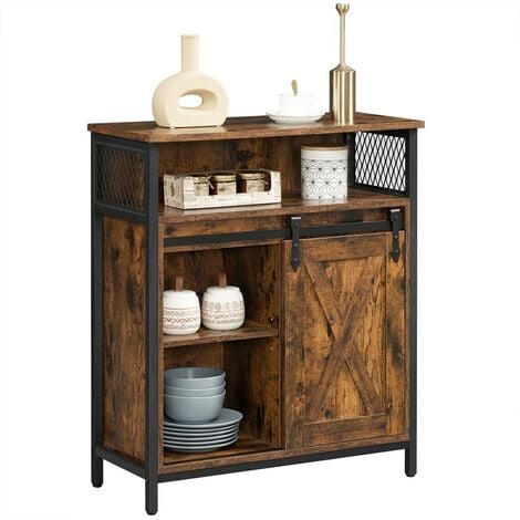 VASAGLE Armadietto, Credenza con Anta Scorrevole, Scomparto Aperto, Ripiano Regolabile, Industriale, per Corridoio, Soggiorno, Cucina, Studio, Marrone Vintage e Nero da SONGMICS