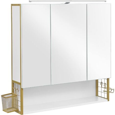VASAGLE Armadietto da Bagno con Specchio, Mobile a Parete con Luci LED, Guardaroba a 3 Ante, Ripiano Regolabile, Porta Asciugacapelli, Cesto Portaoggetti, Stile Moderno, Bianco e Oro da SONGMICS