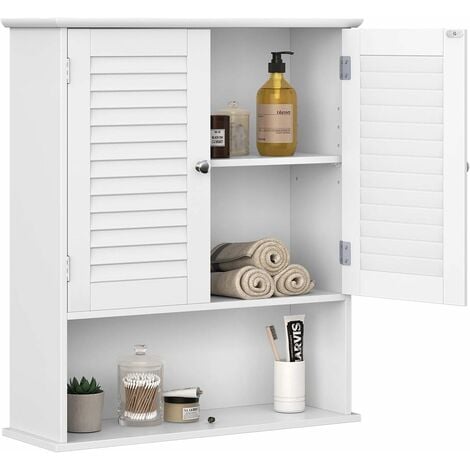 VASAGLE Armadietto da Muro, Mobiletto per Bagno da Parete, Armadietto Farmaceutico con Ripiano Aggiustabile, Anta Doppia a Persiana e Scomparto Aperto, 60 x 20 x 70 cm, Legno, Bianco