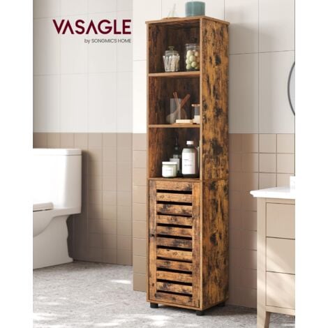 VASAGLE Armario baño, Armario Alto para baño, con 3 compartimientos Abiertos, 2 estantes Ajustables Tras Puerta, para baño, salón, Entrada, Cocina, Sala de Estar, Marrón Rústico por SONGMICS