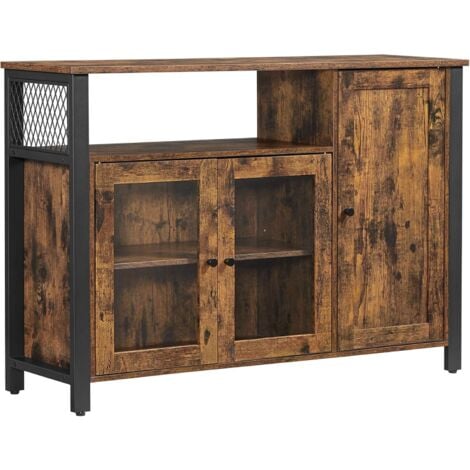 VASAGLE Armario de almacenamiento, Aparador con 3 puertas, para comedor, salón, cocina, 110 x 33 x 75 cm, Estilo industrial, Marrón Rústico y Negro por SONGMICS