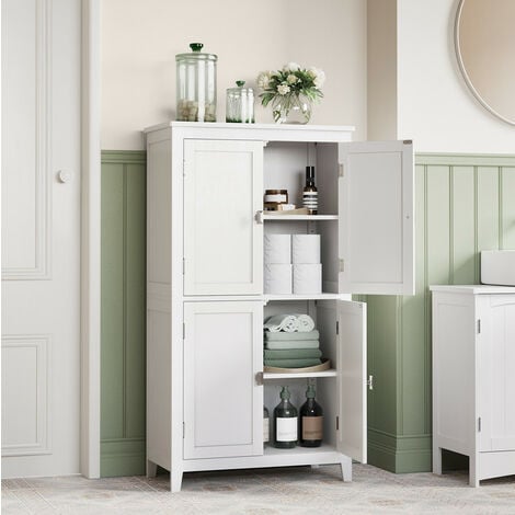 VASAGLE Armoire de Salle de bain avec 4 Portes, 60 x 30 x 110 cm, Meuble de Rangement, Placard de Cuisine, Étagères Réglables, Blanc