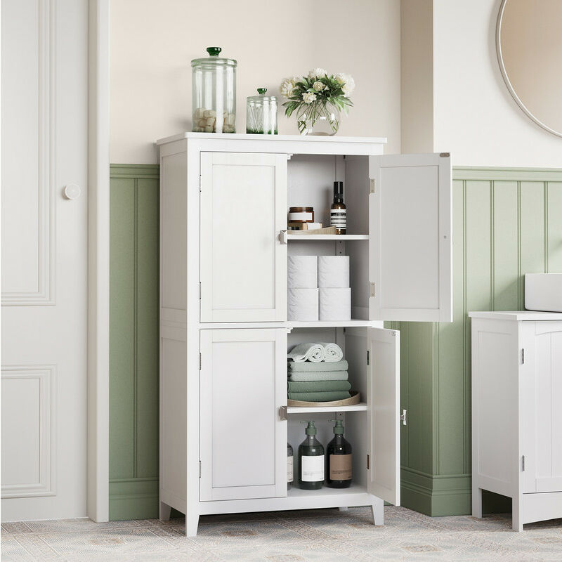 vasagle - armoire de salle de bain avec 4 portes, 60 x 30 x 110 cm, meuble de rangement, placard de cuisine, étagères réglables, blanc