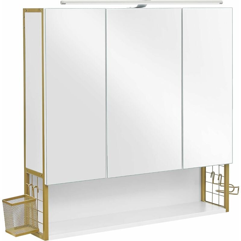 armoire murale avec miroir, meuble de salle de bain avec lampe led, placard 3 portes, avec étagère réglable, porte sèche-cheveux, pot, style moderne