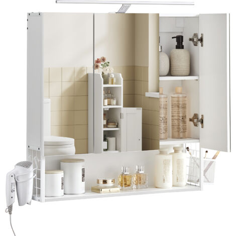 Vasagle – Armoire murale de salle de bain avec miroir et lampe LED – 3 portes – Étagère réglable – Support pour sèche-cheveux – Blanc moderne