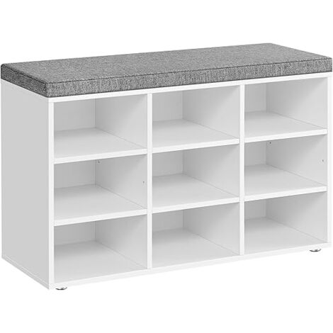 Vasagle – Banc à chaussures blanc 9 compartiments – Étagères réglables 30,3 x 78,5 x 48 cm – Panneau d'aggloméré et tissu façon lin