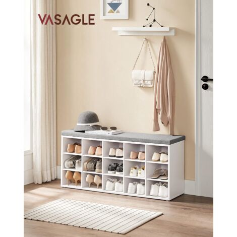 Vasagle – Banc à chaussures avec 15 compartiments – Siège rembourré – Capacité de charge 200 kg – Dimensions 105 x 30 x 48 cm – Blanc et gris