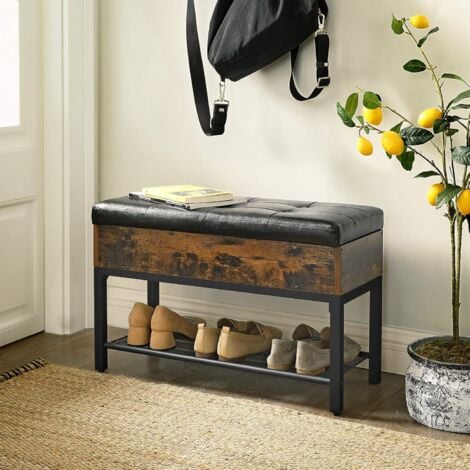 VASAGLE Banc à Chaussures, avec Coffre et étagère en Maille, rembourré, Bout de lit, pour entrée, Salon, Chambre, Cadre en Acier, Montage Facile, PU, Style Industriel, Marron Rustique et Noir par SONG