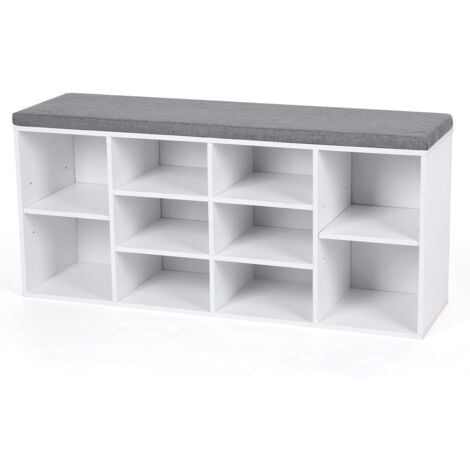 VASAGLE Banc à Chaussures, Étagère à Chaussures, Meuble de Rangement, 10 Compartiments, avec Coussin, pour Entrée, 104 x 30 x 48 cm, Blanc