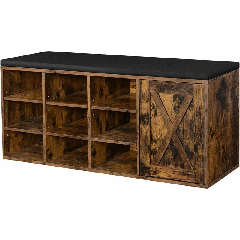 Vasagle - Banc à Chaussures, Étagère à Chaussures, Meuble de Rangement, 9 Compartiments Ouverts et 1 Placard, avec Porte Style Grange, Coussin
